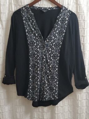 Lucky Brand Black Button-Front Blouse with Patterned Placket